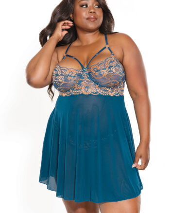 Plus Size Teal Rosegold Babydoll & Thong Set