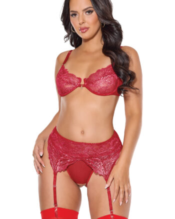 Ruby Shimmer Bra & Crotchless Garter Panty