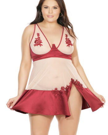 Nude Merlot Satin See-Through Babydoll